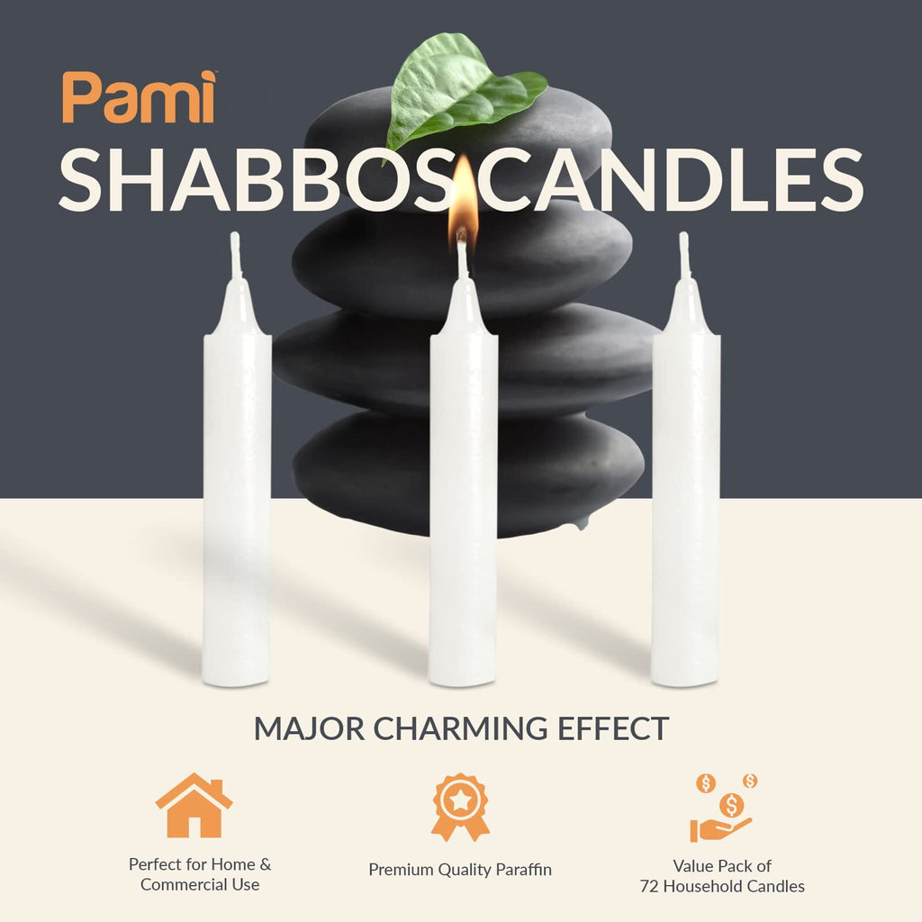 PAMI Traditional Shabbat Candles Tall Unscented Taper Candles Paraffin Candle Sticks, White 72-Pack