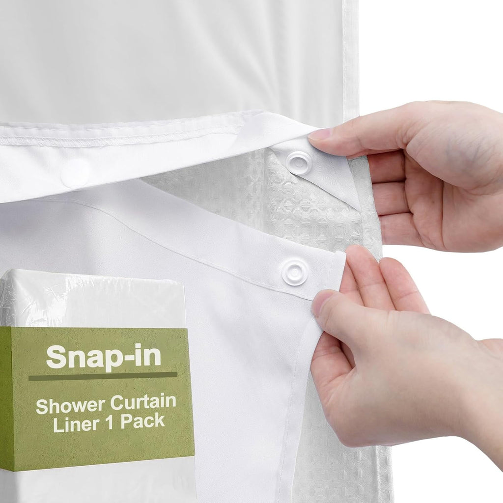 AllWays Plaza Waterproof Fabric Snap in Shower Curtain Liner Replacement with 2 Magnets71 W x 55" L for 72" W x 75" L No Hook Shower Curtain - Removable &amp; Detachable to Wash - White