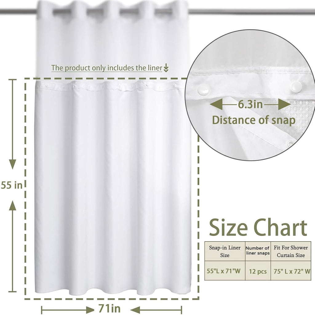 AllWays Plaza Waterproof Fabric Snap in Shower Curtain Liner Replacement with 2 Magnets71 W x 55" L for 72" W x 75" L No Hook Shower Curtain - Removable &amp; Detachable to Wash - White