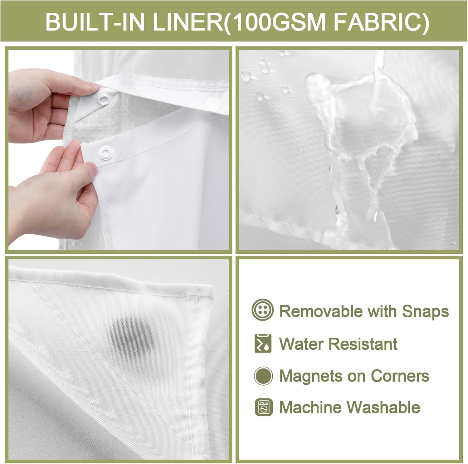 AllWays Plaza Waterproof Fabric Snap in Shower Curtain Liner Replacement with 2 Magnets71 W x 55" L for 72" W x 75" L No Hook Shower Curtain - Removable &amp; Detachable to Wash - White