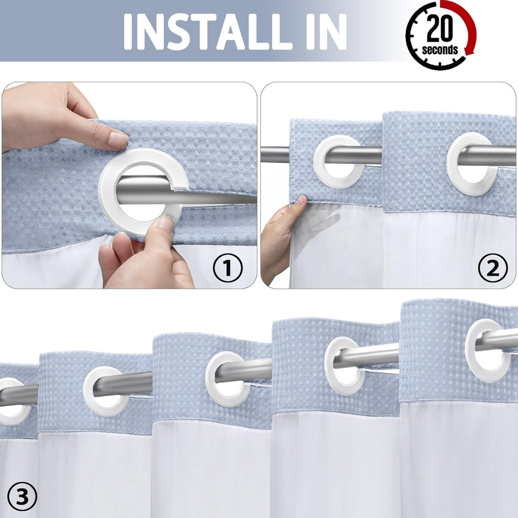 AllWays Plaza Waterproof Fabric Snap in Shower Curtain Liner Replacement with 2 Magnets71 W x 55" L for 72" W x 75" L No Hook Shower Curtain - Removable &amp; Detachable to Wash - White