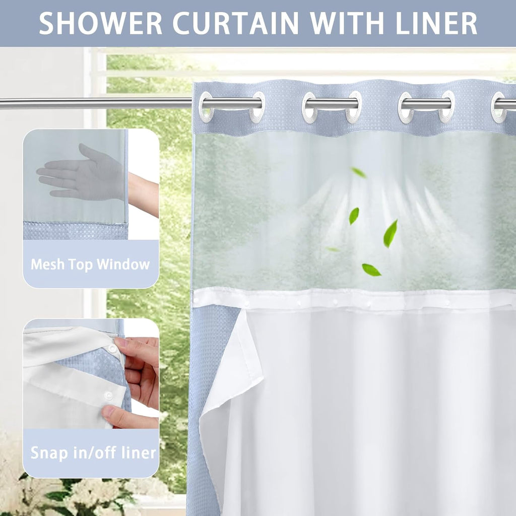AllWays Plaza Waterproof Fabric Snap in Shower Curtain Liner Replacement with 2 Magnets71 W x 55" L for 72" W x 75" L No Hook Shower Curtain - Removable &amp; Detachable to Wash - White
