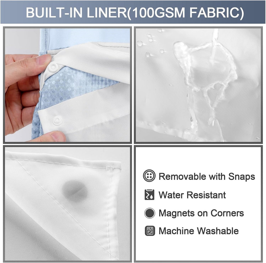 AllWays Plaza Waterproof Fabric Snap in Shower Curtain Liner Replacement with 2 Magnets71 W x 55" L for 72" W x 75" L No Hook Shower Curtain - Removable &amp; Detachable to Wash - White