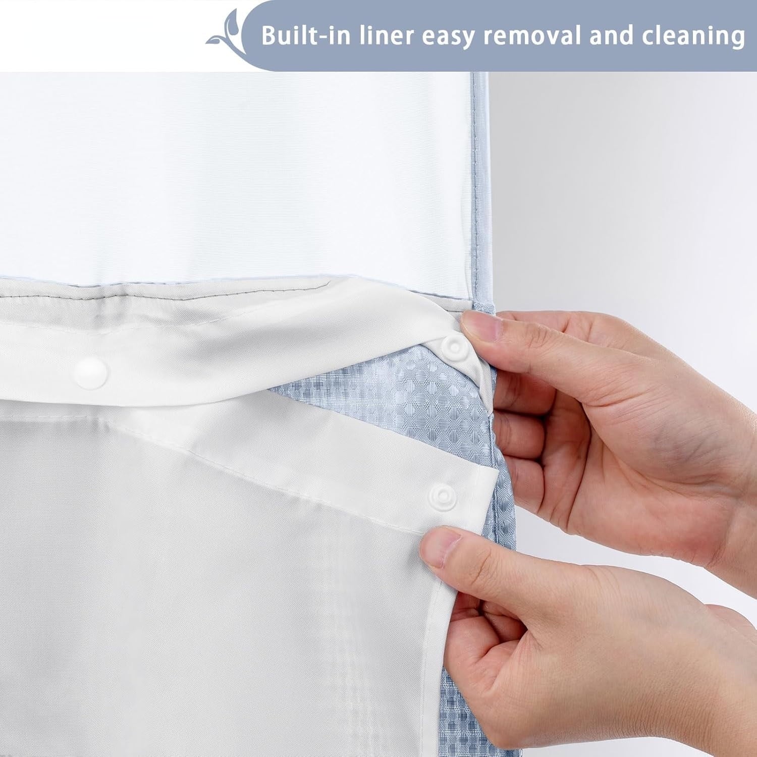 AllWays Plaza Waterproof Fabric Snap in Shower Curtain Liner Replacement with 2 Magnets71 W x 55" L for 72" W x 75" L No Hook Shower Curtain - Removable &amp; Detachable to Wash - White