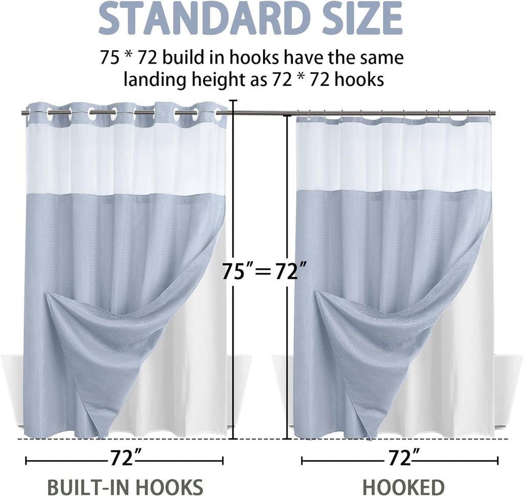 AllWays Plaza Waterproof Fabric Snap in Shower Curtain Liner Replacement with 2 Magnets71 W x 55" L for 72" W x 75" L No Hook Shower Curtain - Removable &amp; Detachable to Wash - White