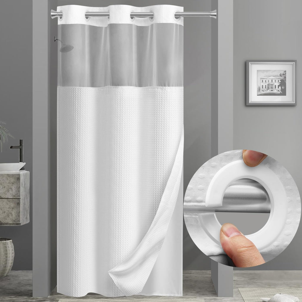 AllWays Plaza Waterproof Fabric Snap in Shower Curtain Liner Replacement with 2 Magnets71 W x 55" L for 72" W x 75" L No Hook Shower Curtain - Removable &amp; Detachable to Wash - White