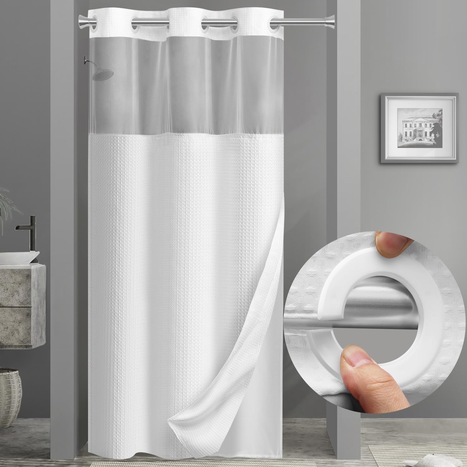 AllWays Plaza Waterproof Fabric Snap in Shower Curtain Liner Replacement with 2 Magnets71 W x 55" L for 72" W x 75" L No Hook Shower Curtain - Removable &amp; Detachable to Wash - White