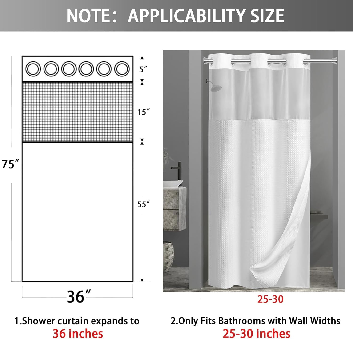 AllWays Plaza Waterproof Fabric Snap in Shower Curtain Liner Replacement with 2 Magnets71 W x 55" L for 72" W x 75" L No Hook Shower Curtain - Removable &amp; Detachable to Wash - White