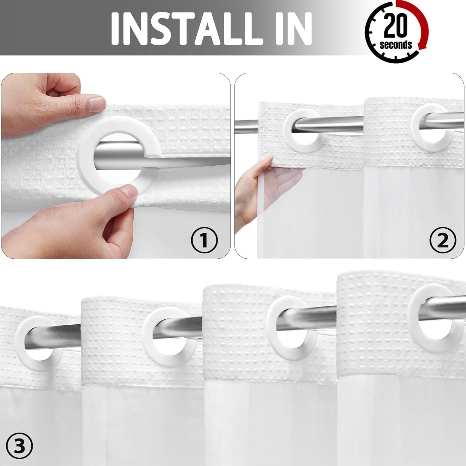AllWays Plaza Waterproof Fabric Snap in Shower Curtain Liner Replacement with 2 Magnets71 W x 55" L for 72" W x 75" L No Hook Shower Curtain - Removable &amp; Detachable to Wash - White