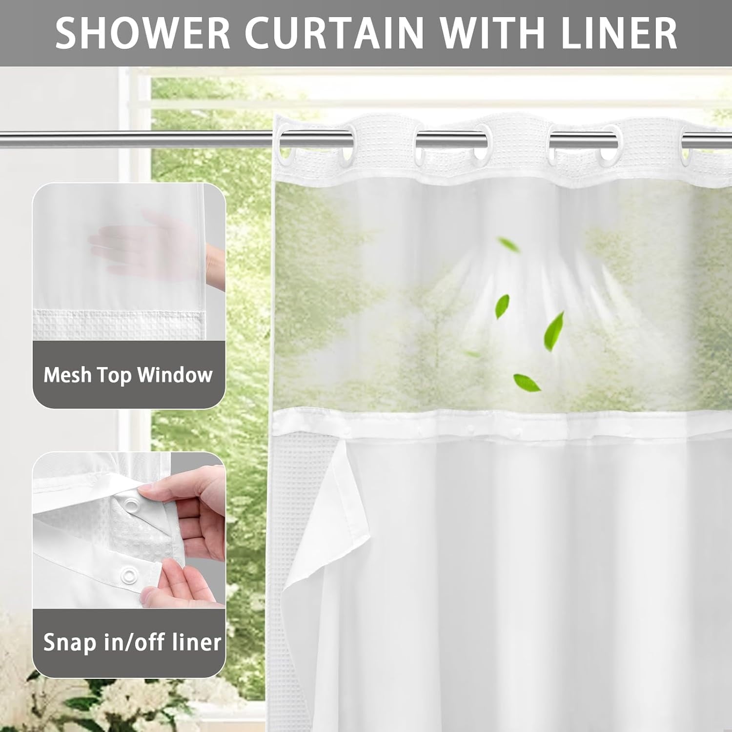 AllWays Plaza Waterproof Fabric Snap in Shower Curtain Liner Replacement with 2 Magnets71 W x 55" L for 72" W x 75" L No Hook Shower Curtain - Removable &amp; Detachable to Wash - White