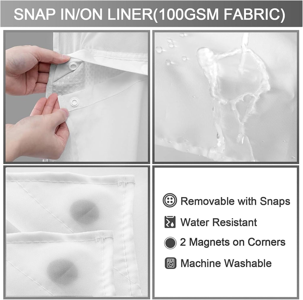 AllWays Plaza Waterproof Fabric Snap in Shower Curtain Liner Replacement with 2 Magnets71 W x 55" L for 72" W x 75" L No Hook Shower Curtain - Removable &amp; Detachable to Wash - White