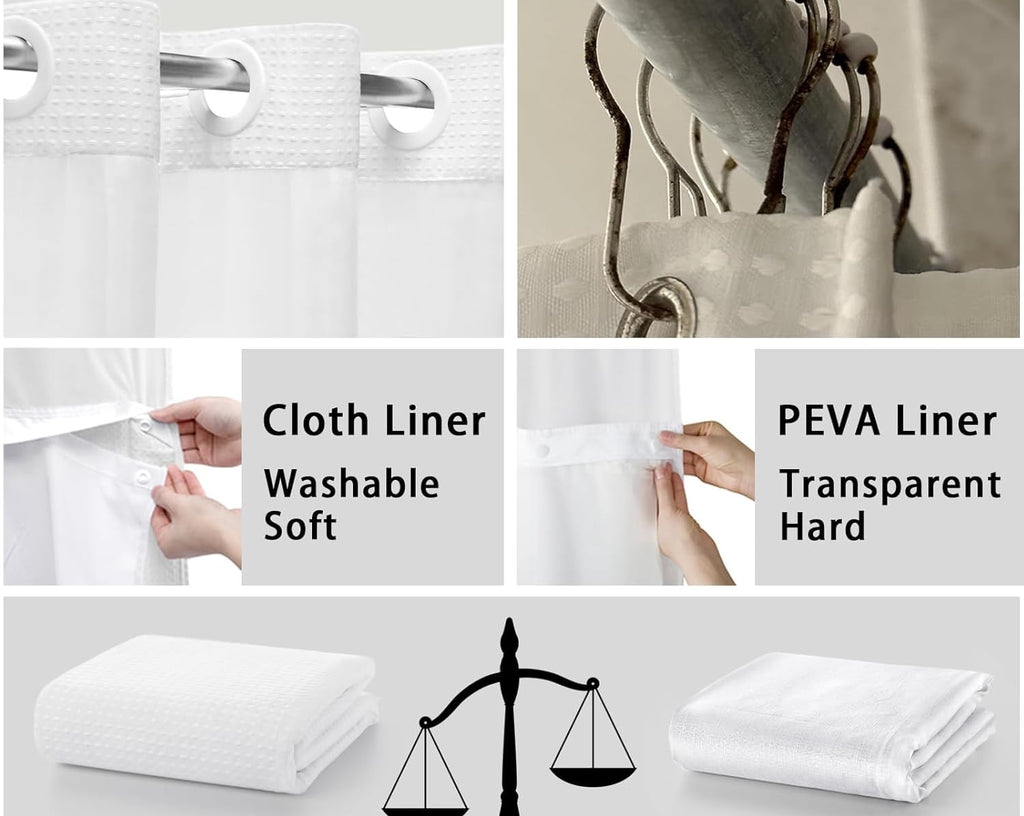 AllWays Plaza Waterproof Fabric Snap in Shower Curtain Liner Replacement with 2 Magnets71 W x 55" L for 72" W x 75" L No Hook Shower Curtain - Removable &amp; Detachable to Wash - White