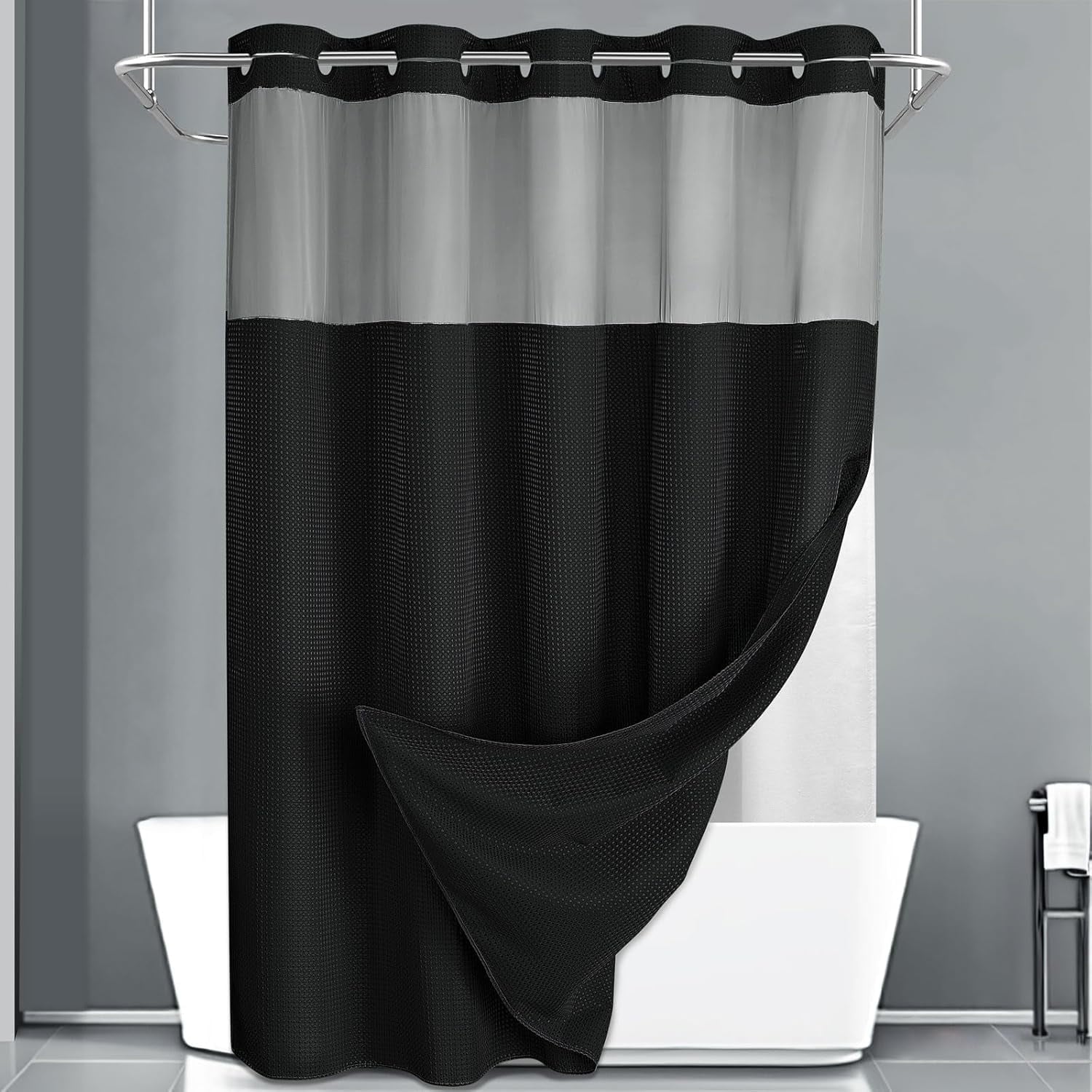 AllWays Plaza Waterproof Fabric Snap in Shower Curtain Liner Replacement with 2 Magnets71 W x 55" L for 72" W x 75" L No Hook Shower Curtain - Removable &amp; Detachable to Wash - White