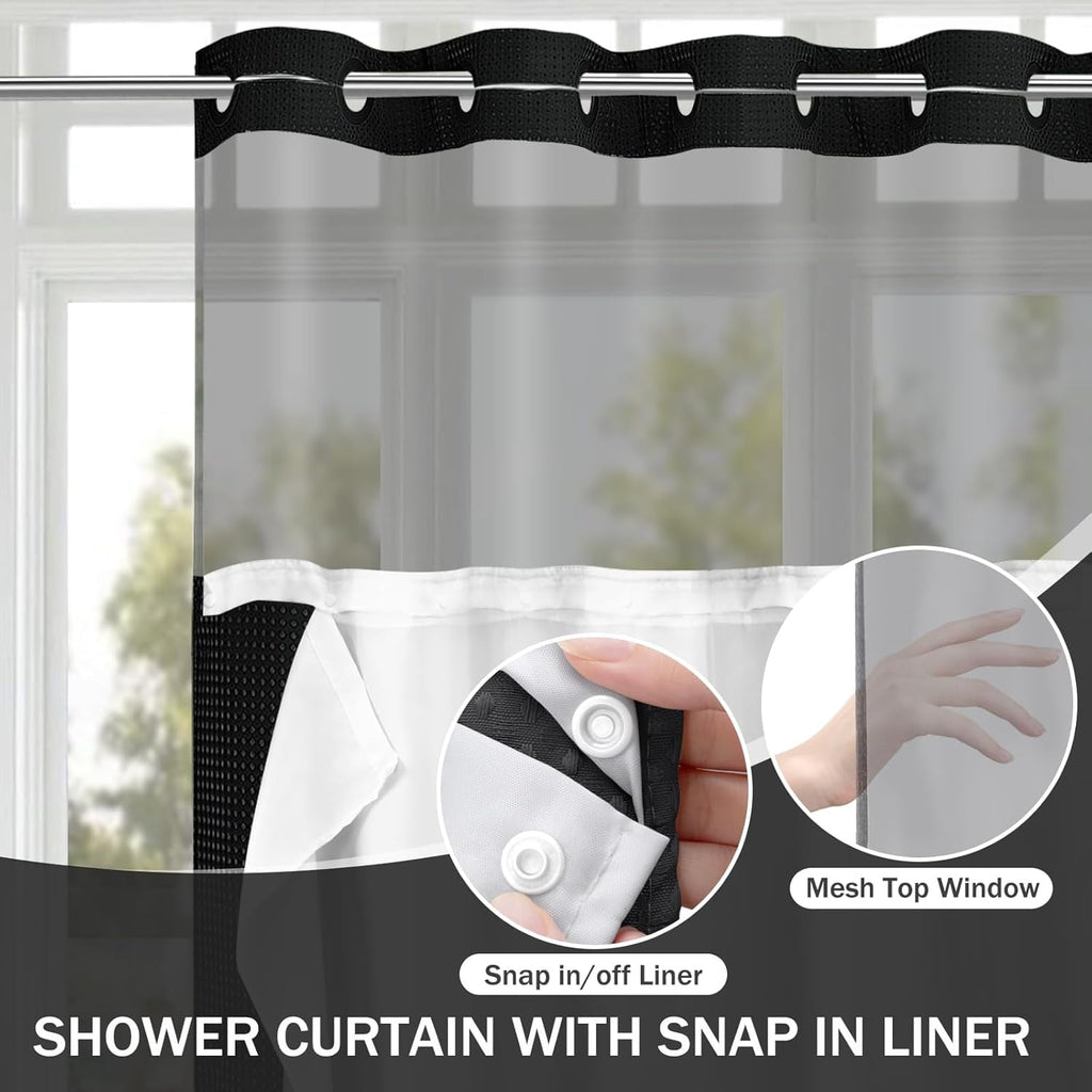 AllWays Plaza Waterproof Fabric Snap in Shower Curtain Liner Replacement with 2 Magnets71 W x 55" L for 72" W x 75" L No Hook Shower Curtain - Removable &amp; Detachable to Wash - White