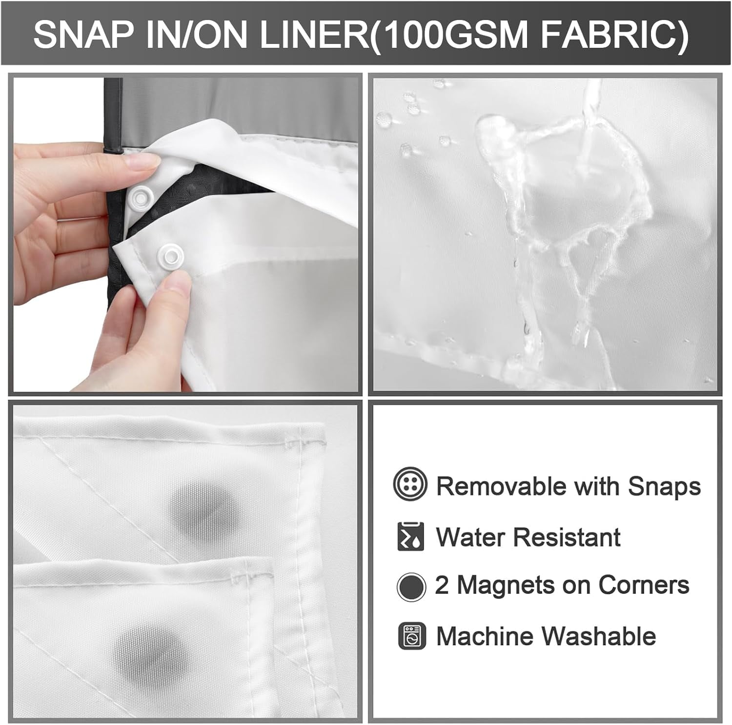 AllWays Plaza Waterproof Fabric Snap in Shower Curtain Liner Replacement with 2 Magnets71 W x 55" L for 72" W x 75" L No Hook Shower Curtain - Removable &amp; Detachable to Wash - White