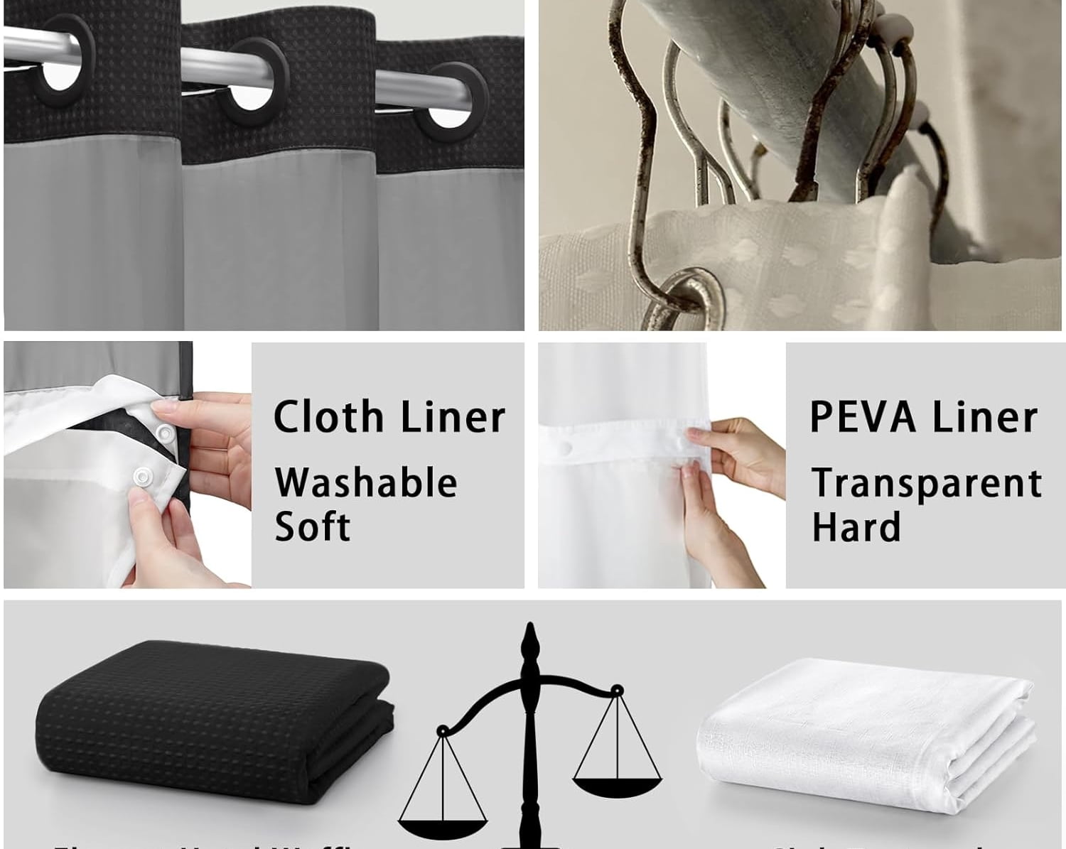 AllWays Plaza Waterproof Fabric Snap in Shower Curtain Liner Replacement with 2 Magnets71 W x 55" L for 72" W x 75" L No Hook Shower Curtain - Removable &amp; Detachable to Wash - White