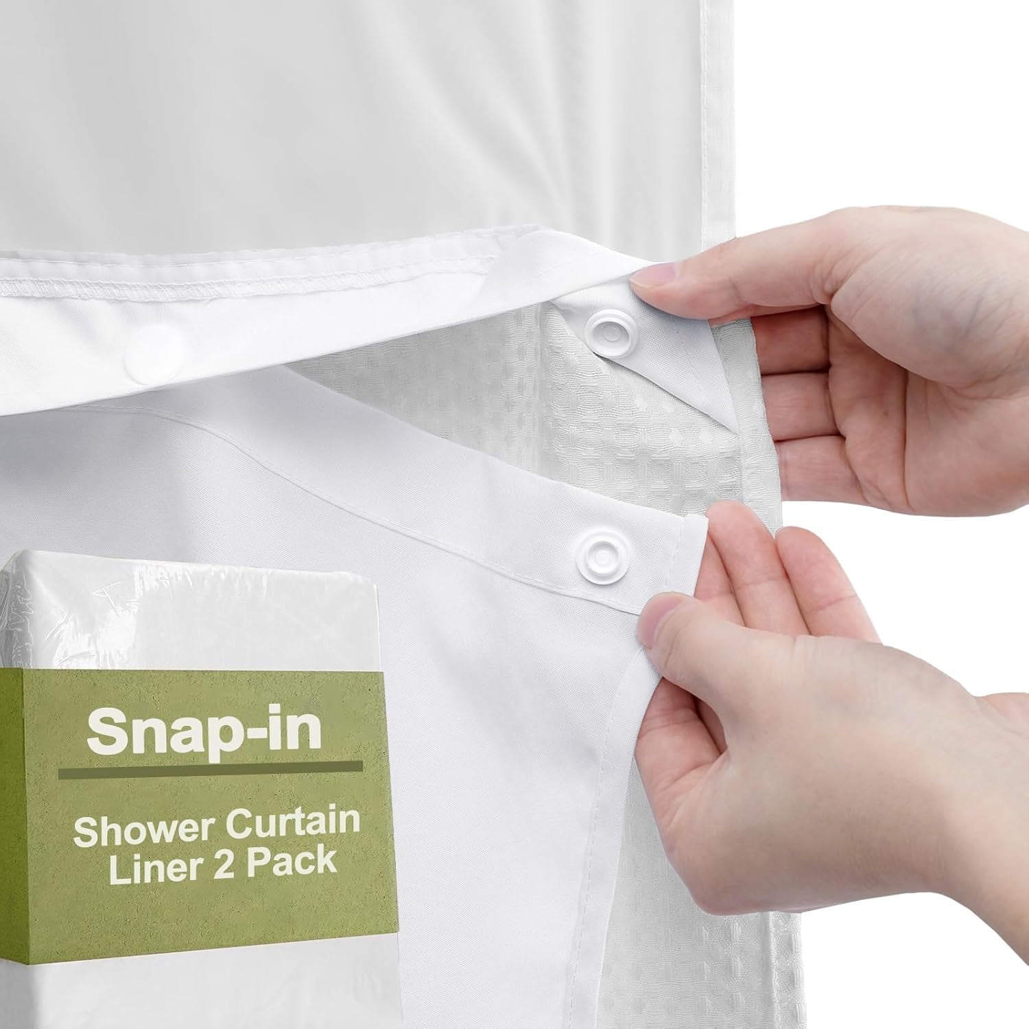 AllWays Plaza Waterproof Fabric Snap in Shower Curtain Liner Replacement with 2 Magnets71 W x 55" L for 72" W x 75" L No Hook Shower Curtain - Removable &amp; Detachable to Wash - White
