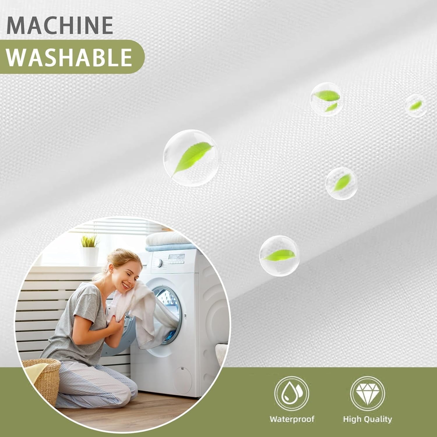 AllWays Plaza Waterproof Fabric Snap in Shower Curtain Liner Replacement with 2 Magnets71 W x 55" L for 72" W x 75" L No Hook Shower Curtain - Removable &amp; Detachable to Wash - White