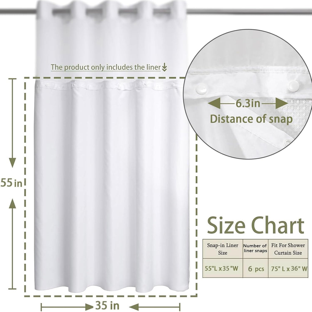 AllWays Plaza Waterproof Fabric Snap in Shower Curtain Liner Replacement with 2 Magnets71 W x 55" L for 72" W x 75" L No Hook Shower Curtain - Removable &amp; Detachable to Wash - White