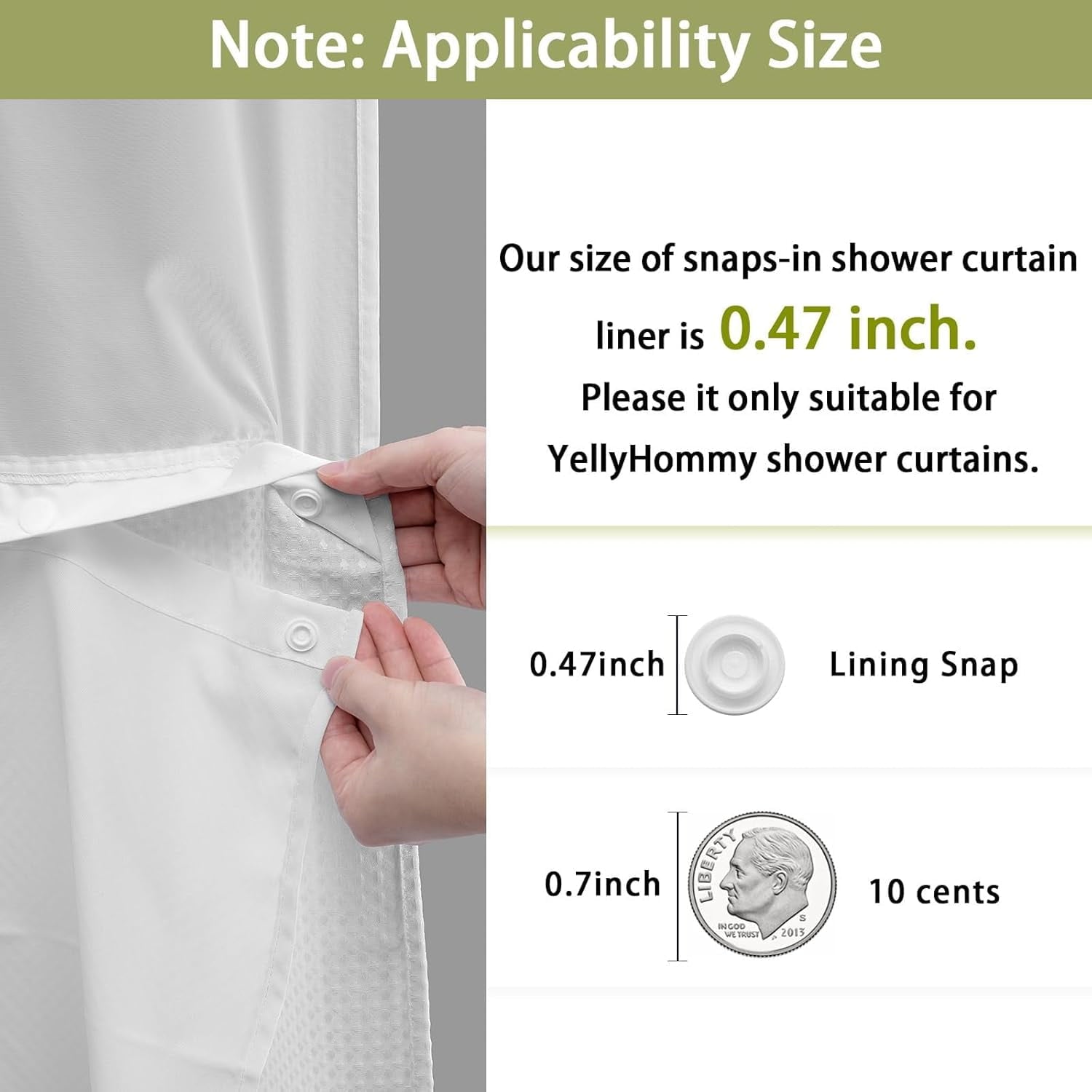 AllWays Plaza Waterproof Fabric Snap in Shower Curtain Liner Replacement with 2 Magnets71 W x 55" L for 72" W x 75" L No Hook Shower Curtain - Removable &amp; Detachable to Wash - White