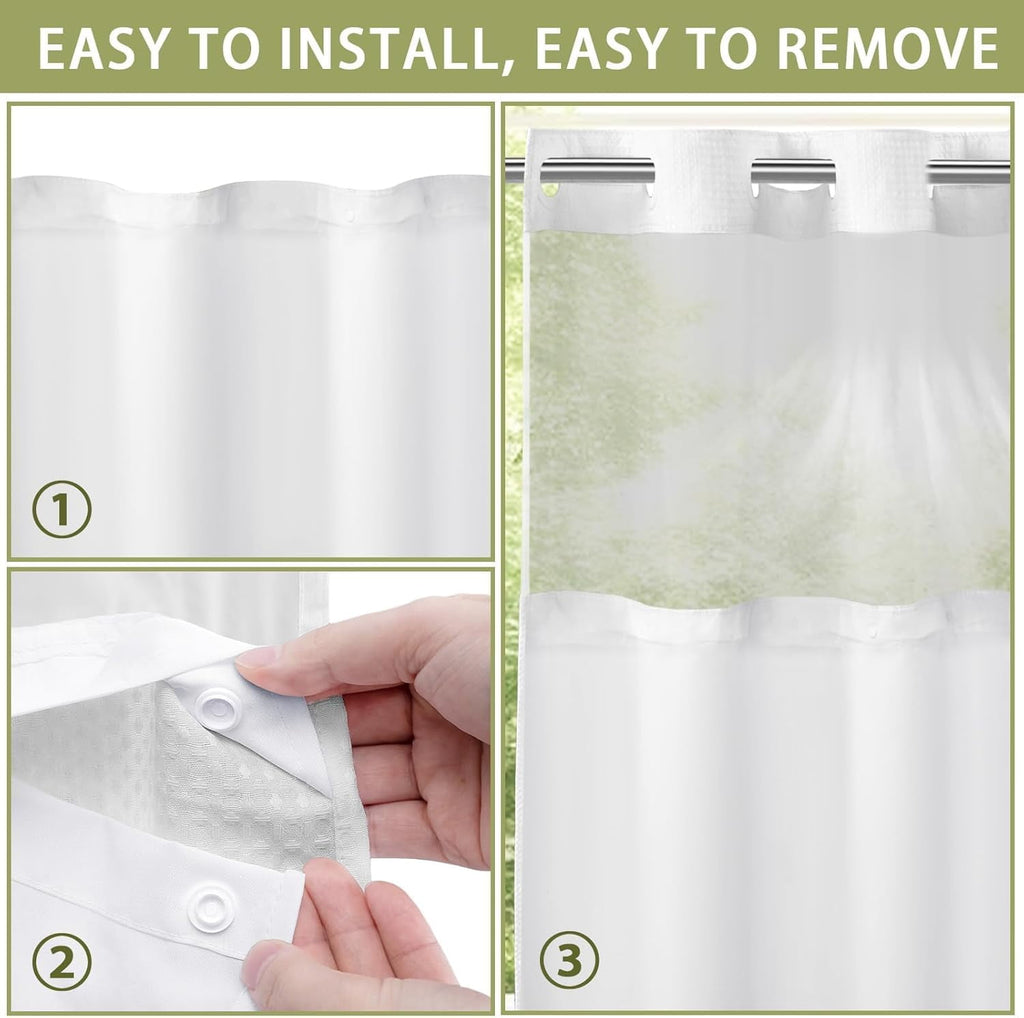 AllWays Plaza Waterproof Fabric Snap in Shower Curtain Liner Replacement with 2 Magnets71 W x 55" L for 72" W x 75" L No Hook Shower Curtain - Removable &amp; Detachable to Wash - White