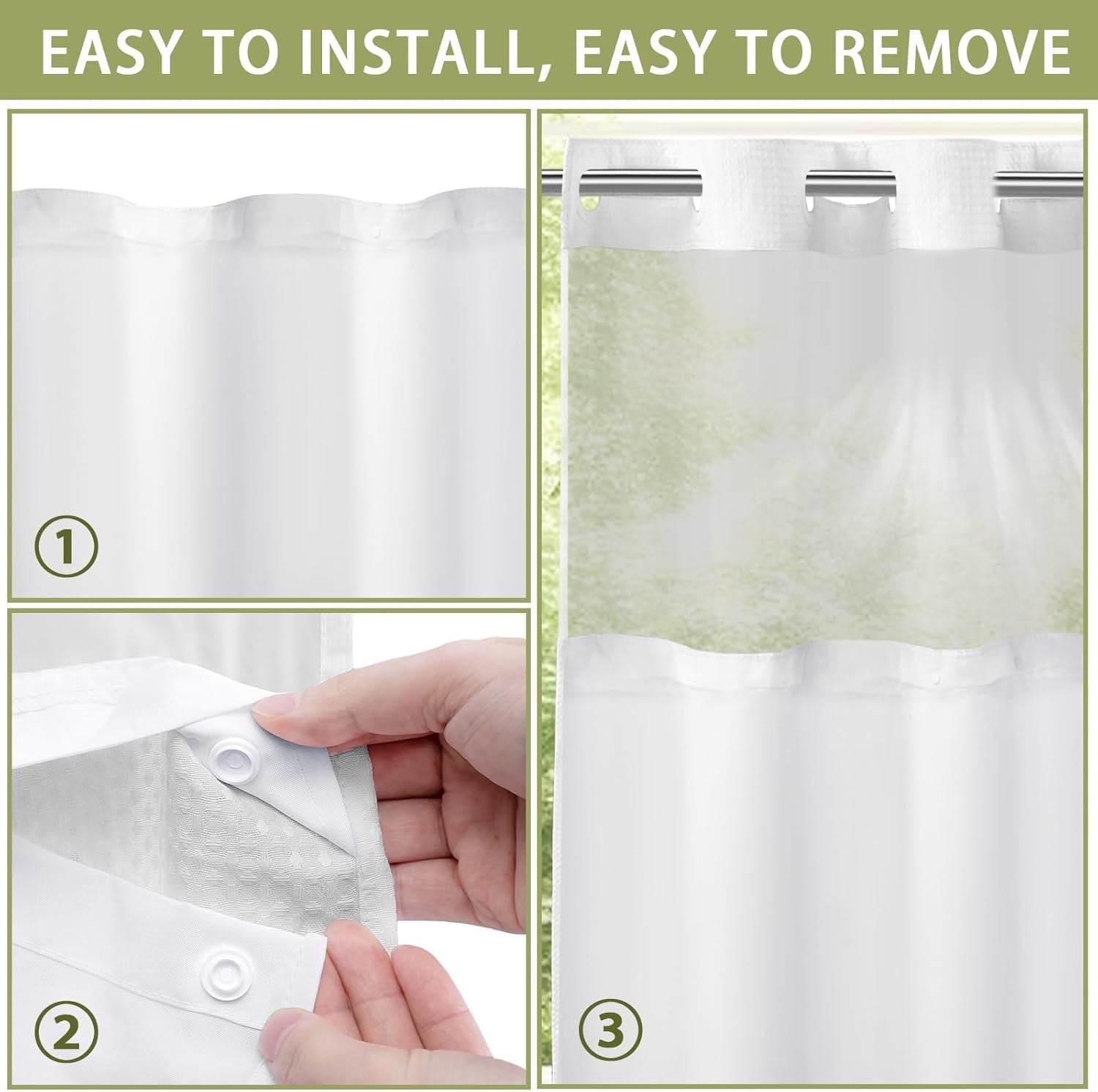 AllWays Plaza Waterproof Fabric Snap in Shower Curtain Liner Replacement with 2 Magnets71 W x 55" L for 72" W x 75" L No Hook Shower Curtain - Removable &amp; Detachable to Wash - White