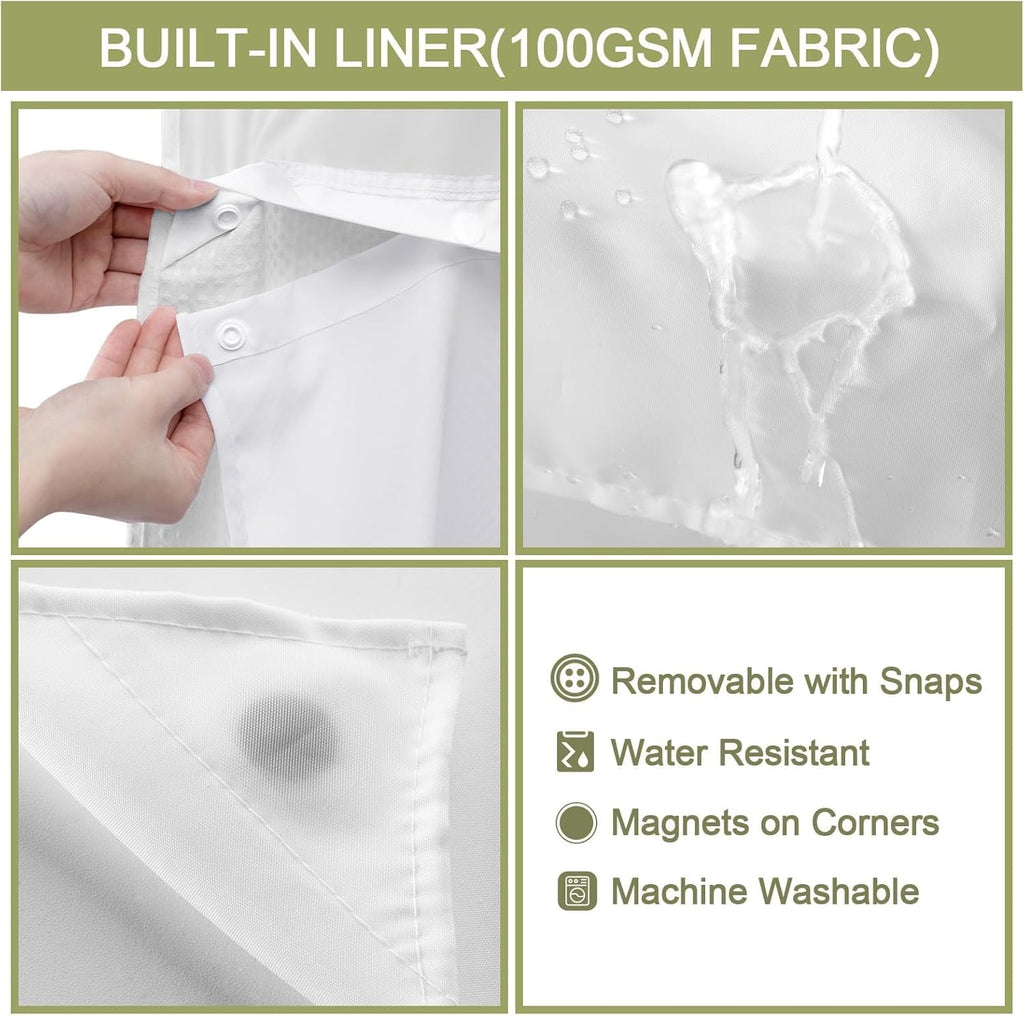 AllWays Plaza Waterproof Fabric Snap in Shower Curtain Liner Replacement with 2 Magnets71 W x 55" L for 72" W x 75" L No Hook Shower Curtain - Removable &amp; Detachable to Wash - White