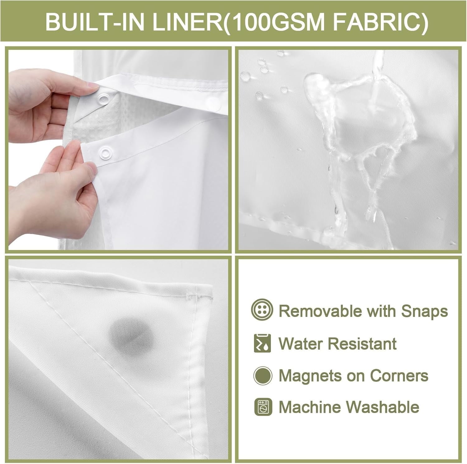 AllWays Plaza Waterproof Fabric Snap in Shower Curtain Liner Replacement with 2 Magnets71 W x 55" L for 72" W x 75" L No Hook Shower Curtain - Removable &amp; Detachable to Wash - White