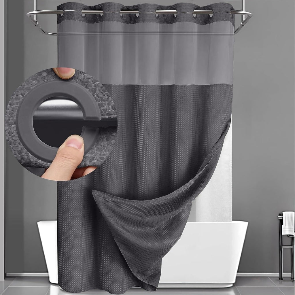 AllWays Plaza Waterproof Fabric Snap in Shower Curtain Liner Replacement with 2 Magnets71 W x 55" L for 72" W x 75" L No Hook Shower Curtain - Removable &amp; Detachable to Wash - White