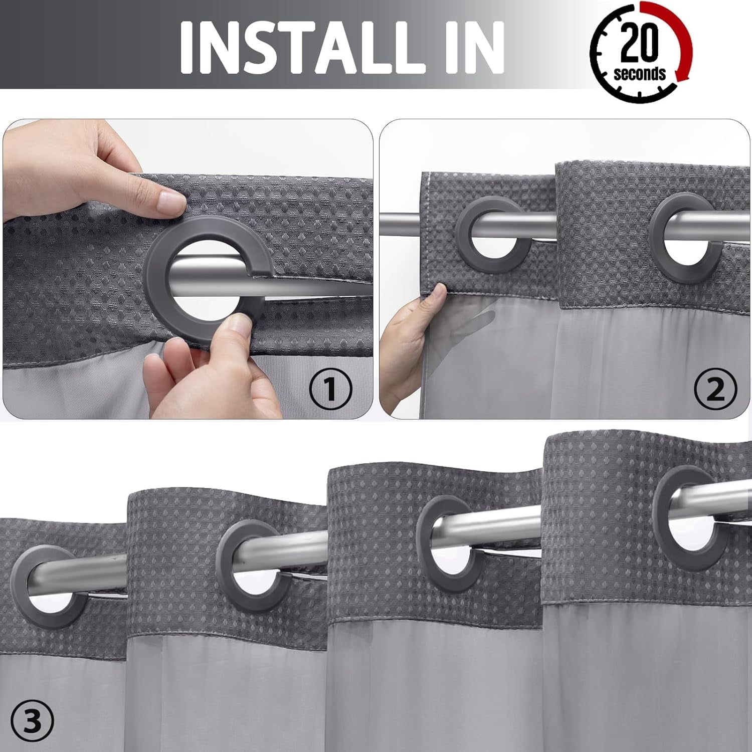 AllWays Plaza Waterproof Fabric Snap in Shower Curtain Liner Replacement with 2 Magnets71 W x 55" L for 72" W x 75" L No Hook Shower Curtain - Removable &amp; Detachable to Wash - White