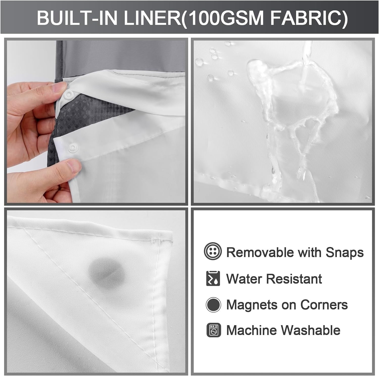 AllWays Plaza Waterproof Fabric Snap in Shower Curtain Liner Replacement with 2 Magnets71 W x 55" L for 72" W x 75" L No Hook Shower Curtain - Removable &amp; Detachable to Wash - White