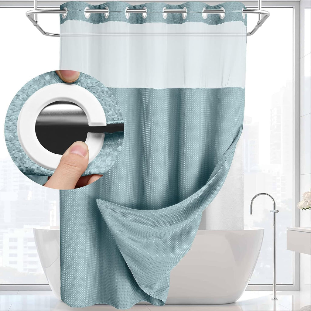 AllWays Plaza Waterproof Fabric Snap in Shower Curtain Liner Replacement with 2 Magnets71 W x 55" L for 72" W x 75" L No Hook Shower Curtain - Removable &amp; Detachable to Wash - White