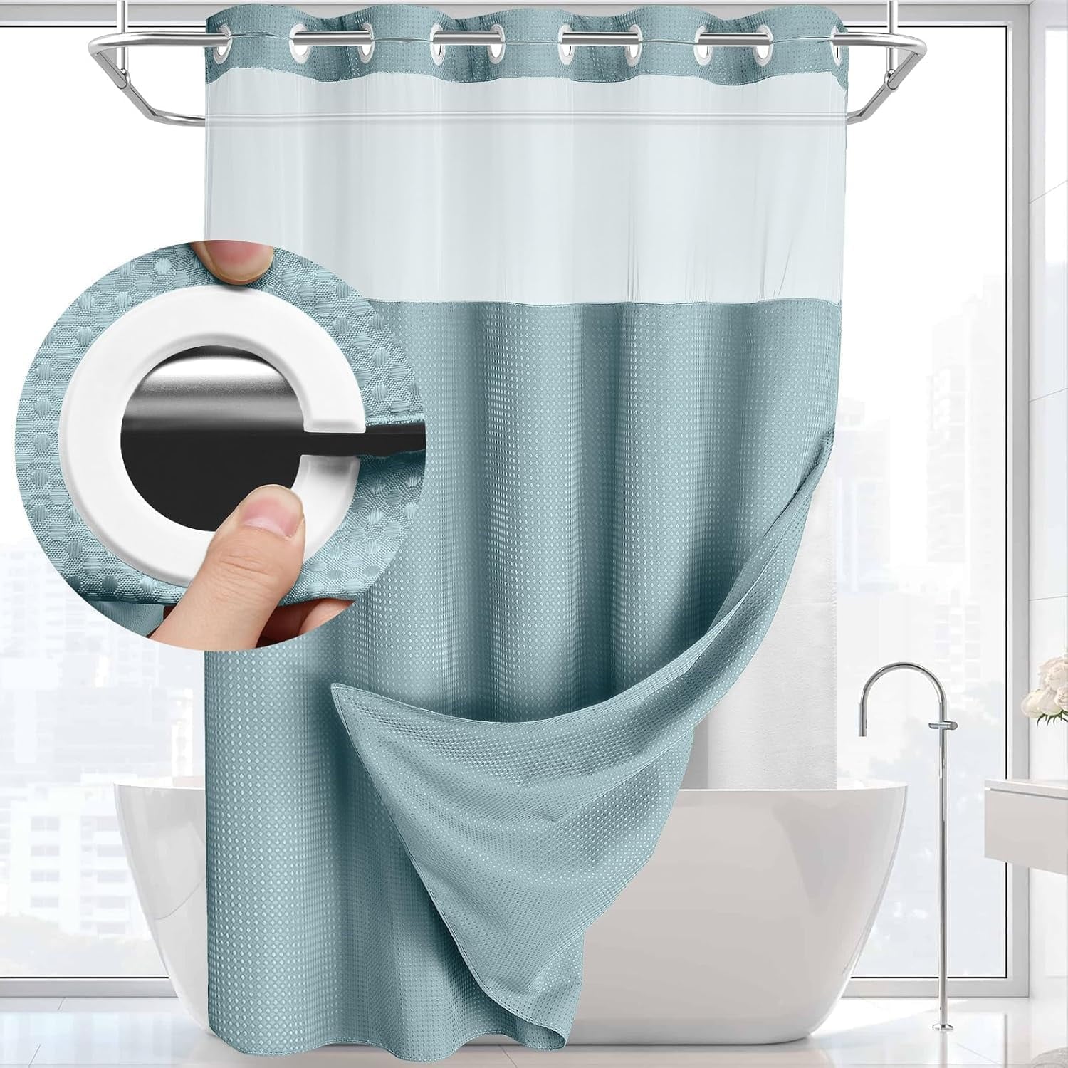 AllWays Plaza Waterproof Fabric Snap in Shower Curtain Liner Replacement with 2 Magnets71 W x 55" L for 72" W x 75" L No Hook Shower Curtain - Removable &amp; Detachable to Wash - White