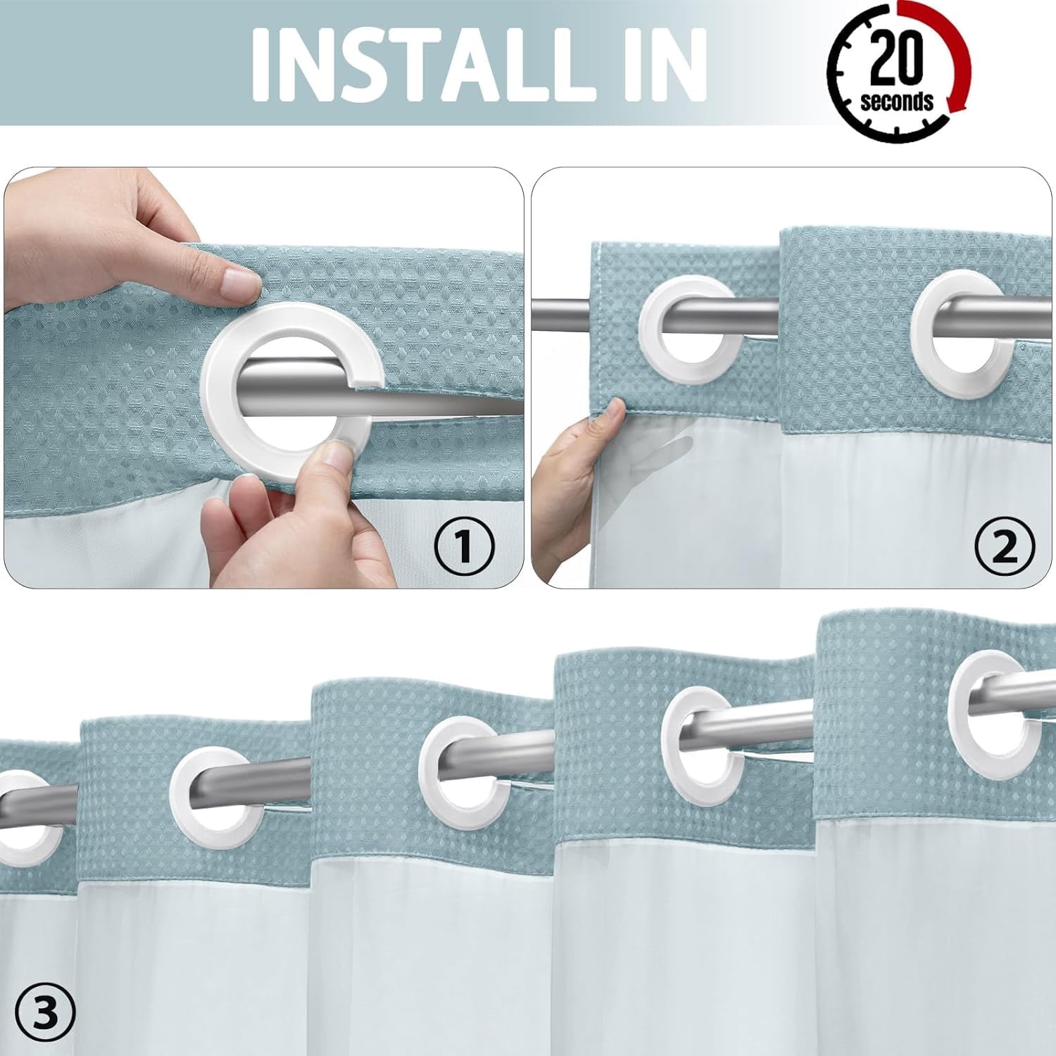 AllWays Plaza Waterproof Fabric Snap in Shower Curtain Liner Replacement with 2 Magnets71 W x 55" L for 72" W x 75" L No Hook Shower Curtain - Removable &amp; Detachable to Wash - White