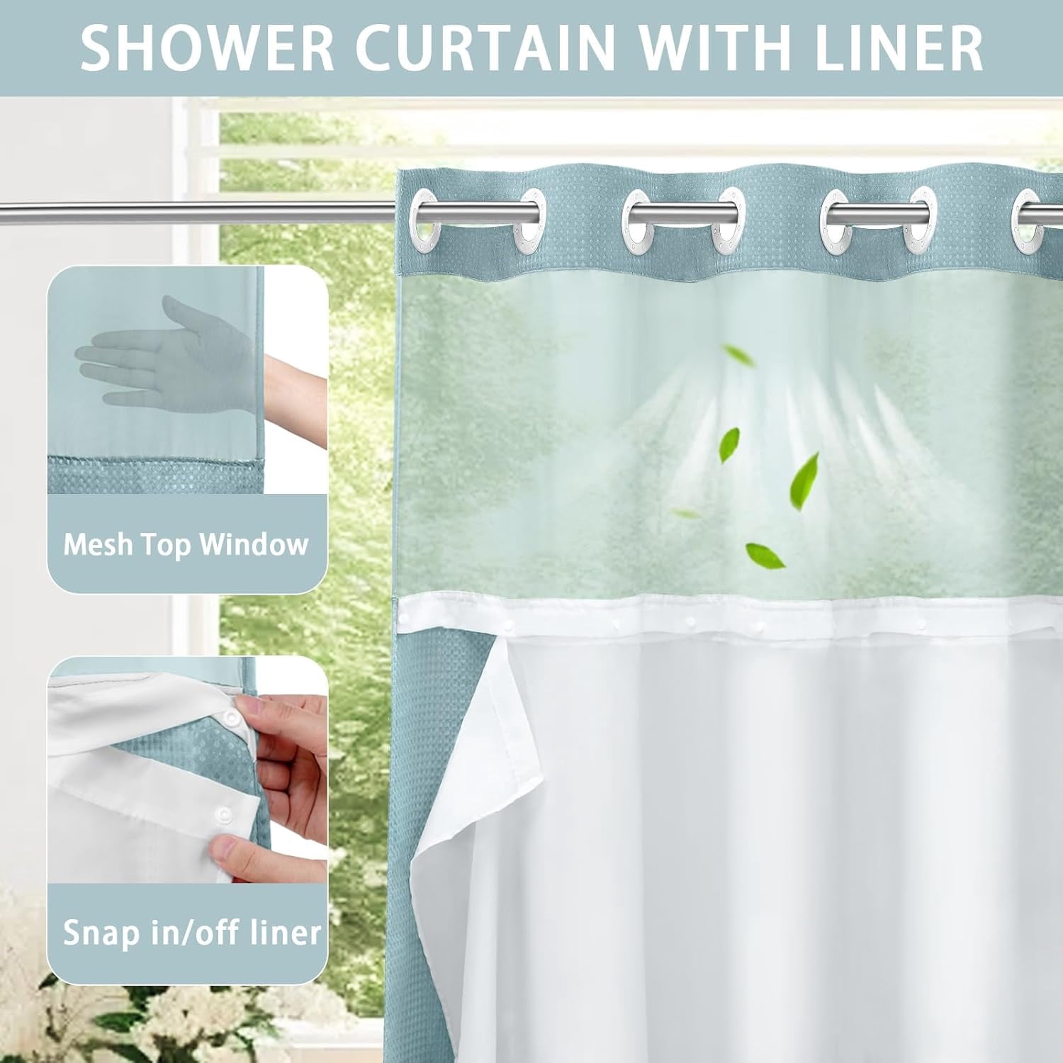 AllWays Plaza Waterproof Fabric Snap in Shower Curtain Liner Replacement with 2 Magnets71 W x 55" L for 72" W x 75" L No Hook Shower Curtain - Removable &amp; Detachable to Wash - White