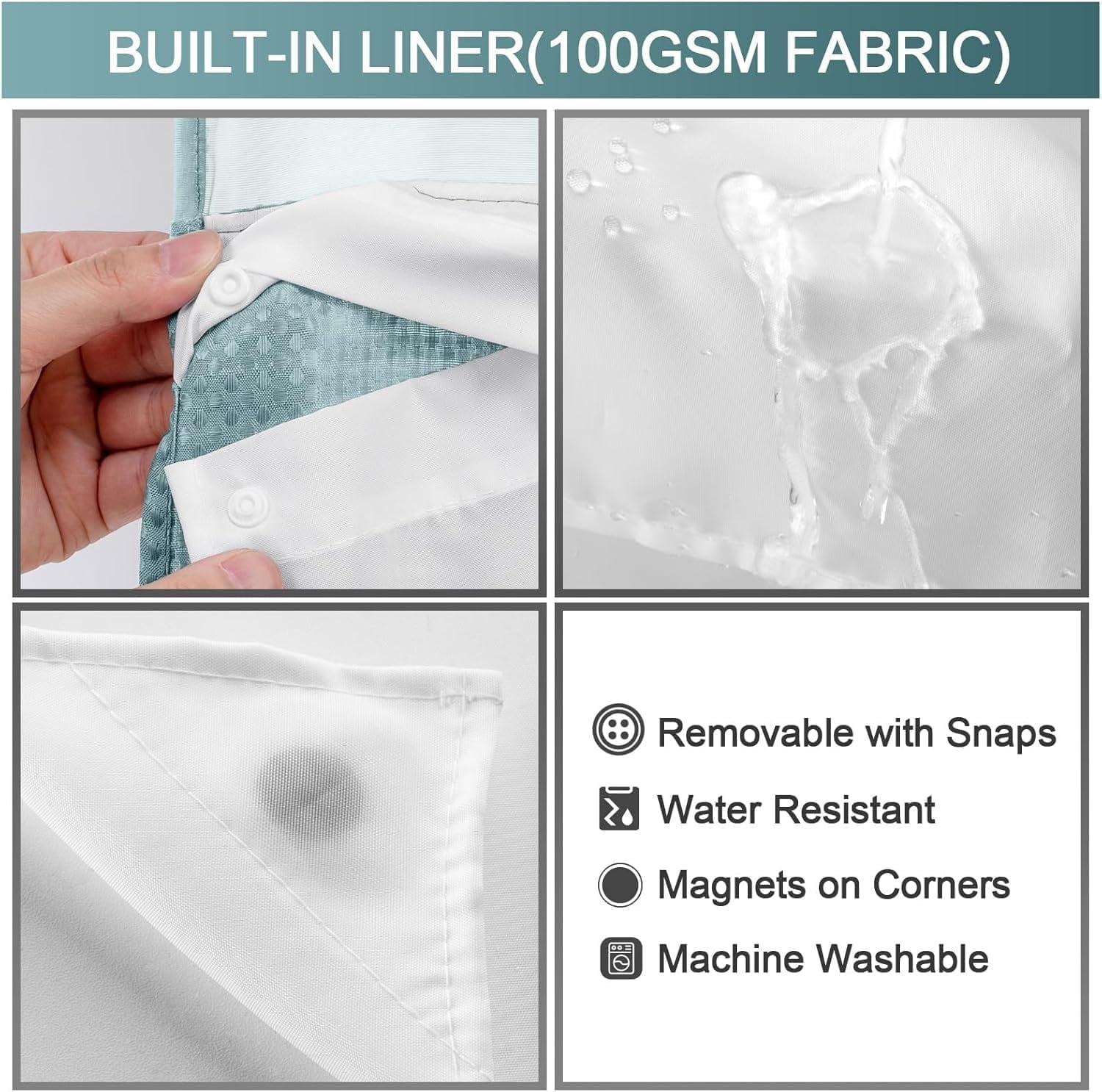 AllWays Plaza Waterproof Fabric Snap in Shower Curtain Liner Replacement with 2 Magnets71 W x 55" L for 72" W x 75" L No Hook Shower Curtain - Removable &amp; Detachable to Wash - White