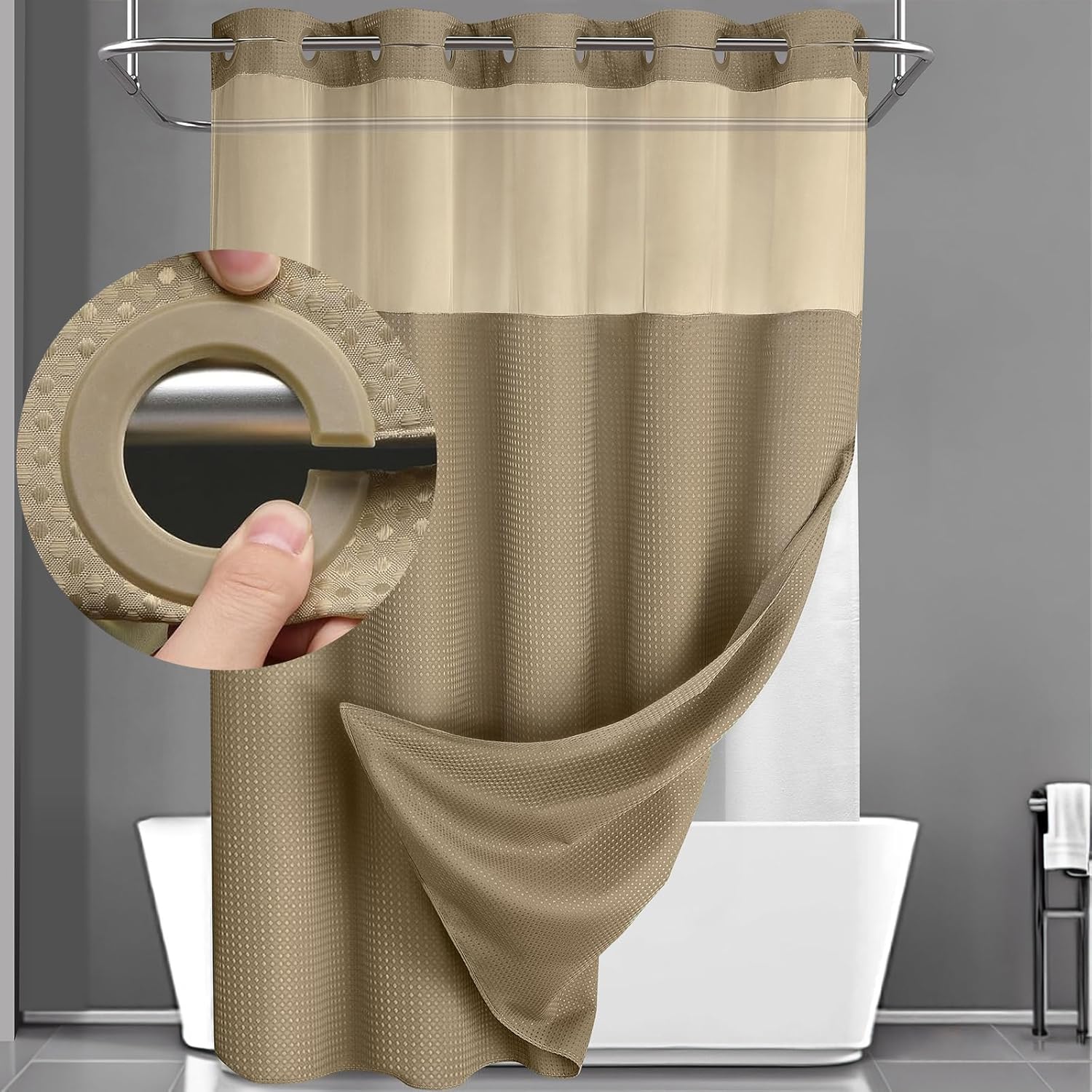 AllWays Plaza Waterproof Fabric Snap in Shower Curtain Liner Replacement with 2 Magnets71 W x 55" L for 72" W x 75" L No Hook Shower Curtain - Removable &amp; Detachable to Wash - White