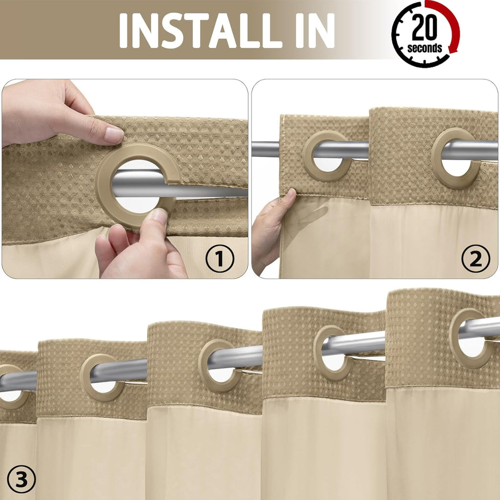 AllWays Plaza Waterproof Fabric Snap in Shower Curtain Liner Replacement with 2 Magnets71 W x 55" L for 72" W x 75" L No Hook Shower Curtain - Removable &amp; Detachable to Wash - White
