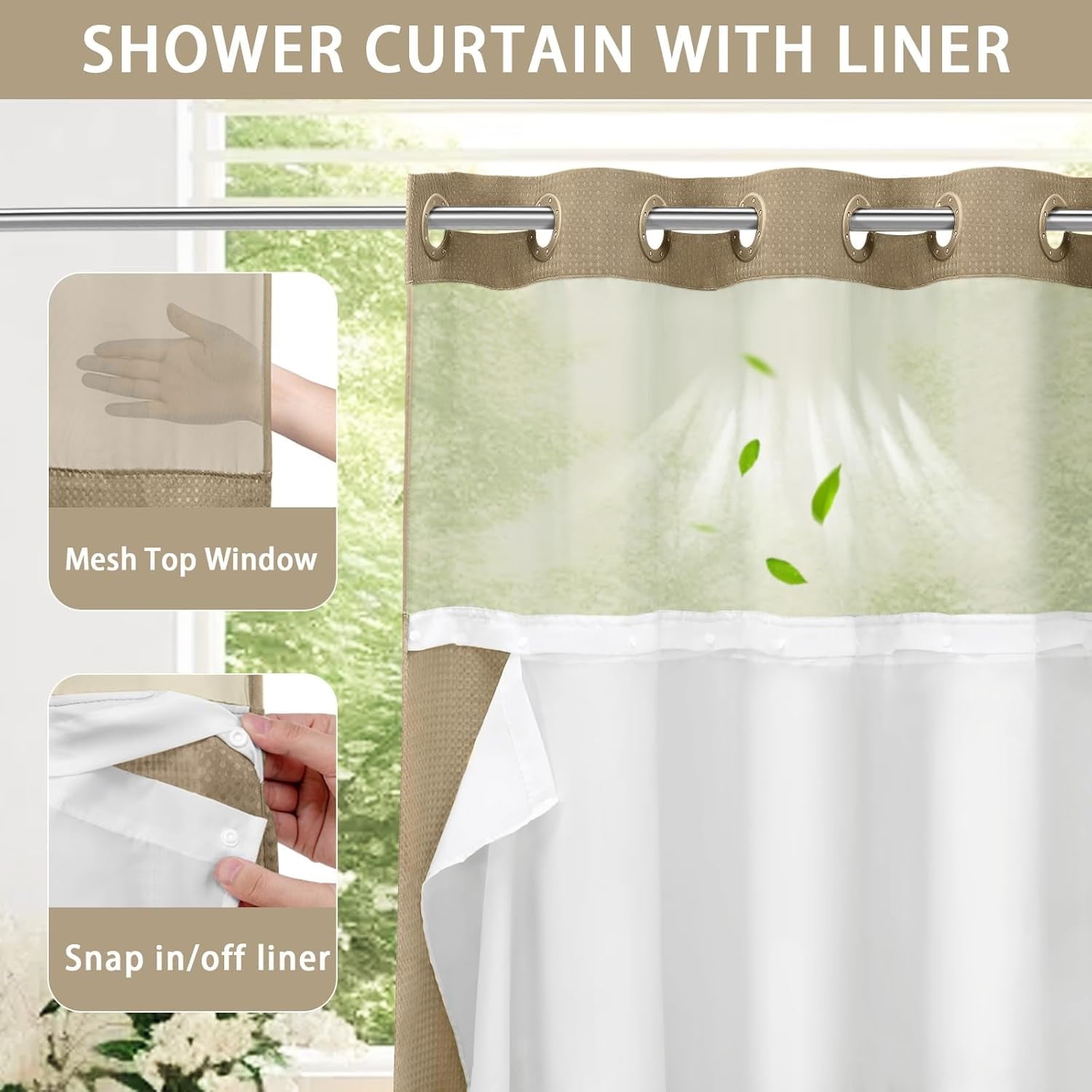 AllWays Plaza Waterproof Fabric Snap in Shower Curtain Liner Replacement with 2 Magnets71 W x 55" L for 72" W x 75" L No Hook Shower Curtain - Removable &amp; Detachable to Wash - White