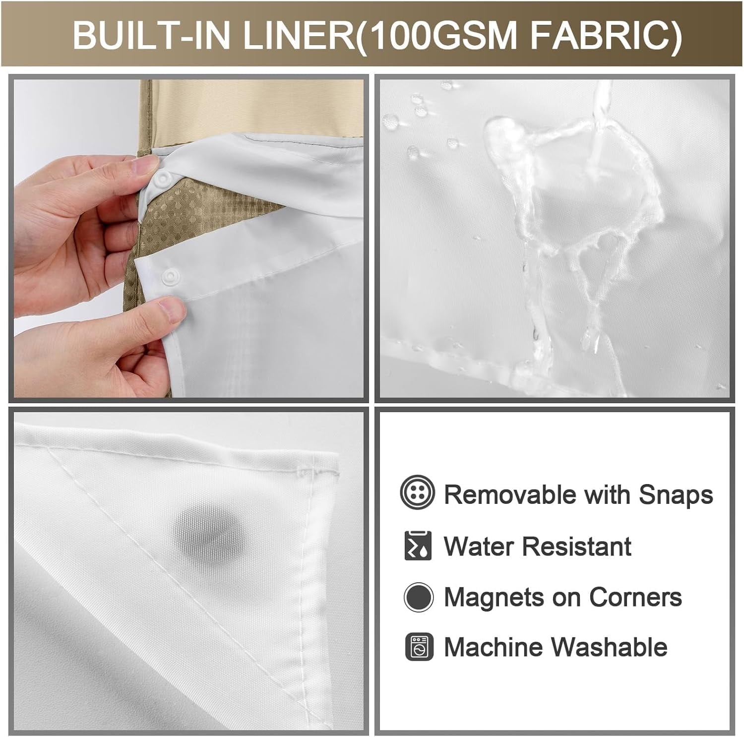 AllWays Plaza Waterproof Fabric Snap in Shower Curtain Liner Replacement with 2 Magnets71 W x 55" L for 72" W x 75" L No Hook Shower Curtain - Removable &amp; Detachable to Wash - White