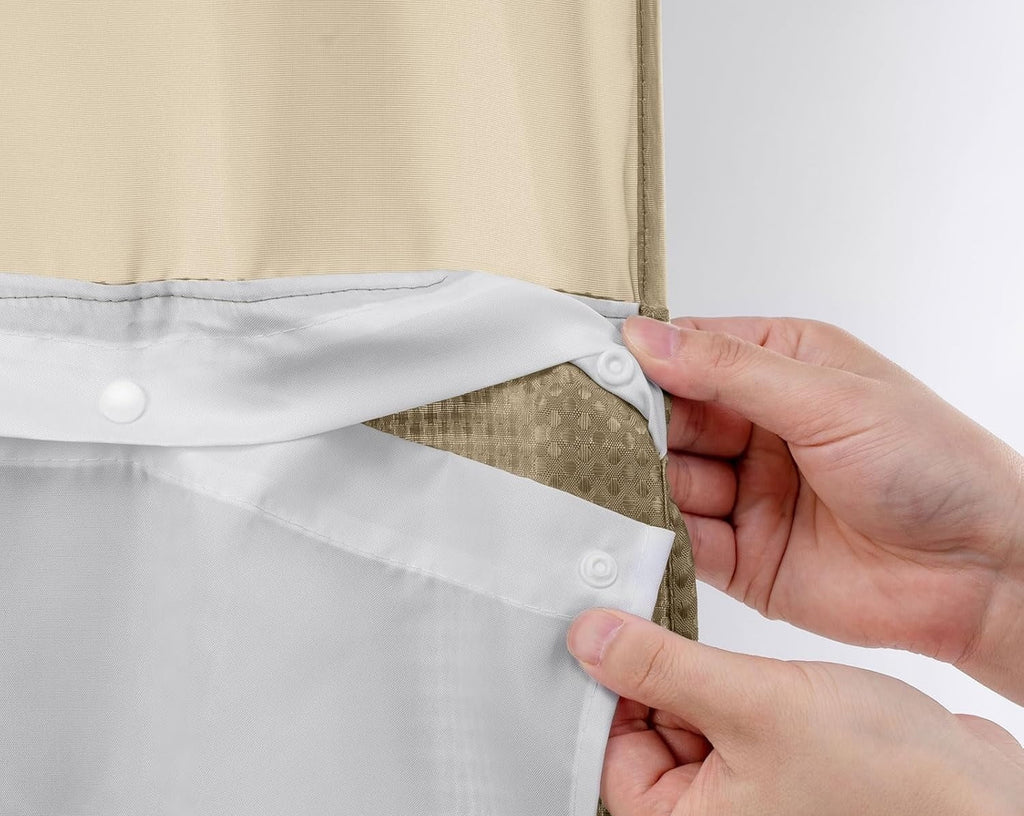 AllWays Plaza Waterproof Fabric Snap in Shower Curtain Liner Replacement with 2 Magnets71 W x 55" L for 72" W x 75" L No Hook Shower Curtain - Removable &amp; Detachable to Wash - White