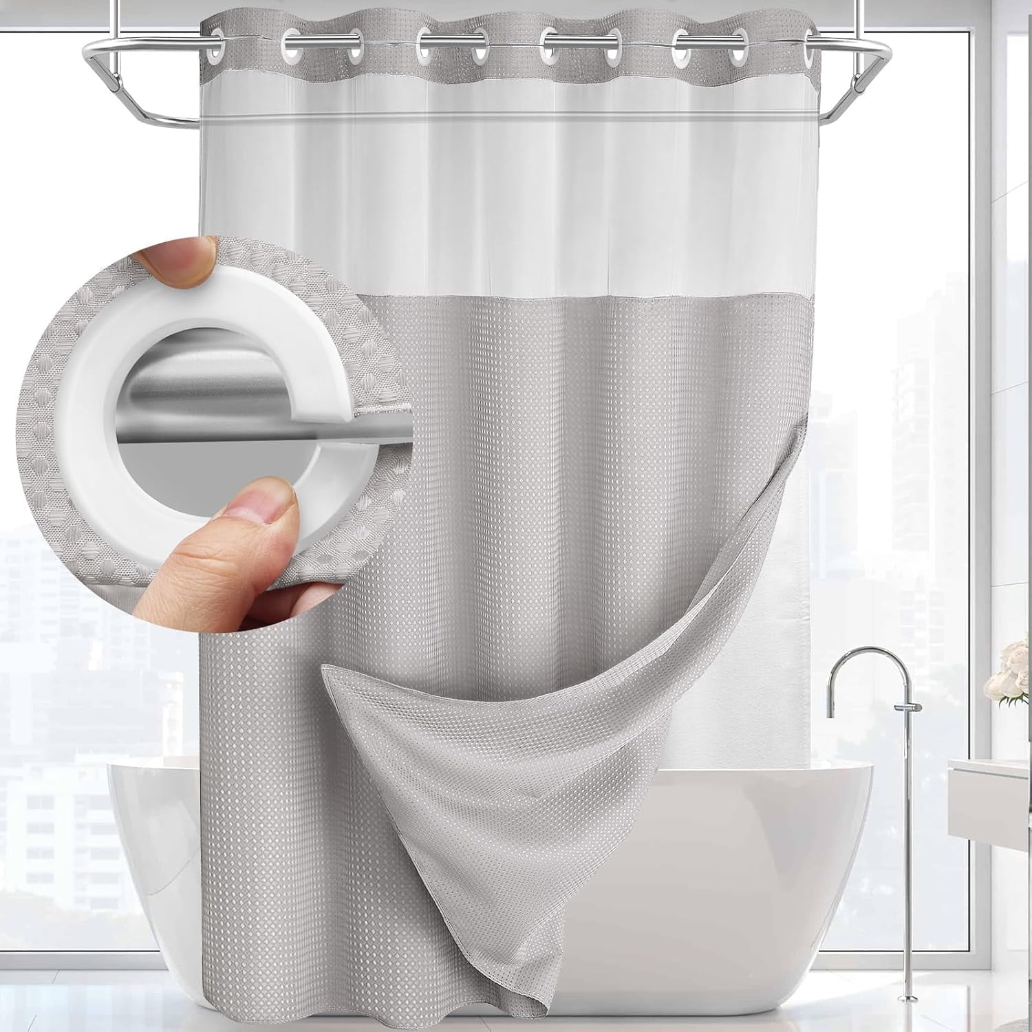 AllWays Plaza Waterproof Fabric Snap in Shower Curtain Liner Replacement with 2 Magnets71 W x 55" L for 72" W x 75" L No Hook Shower Curtain - Removable &amp; Detachable to Wash - White