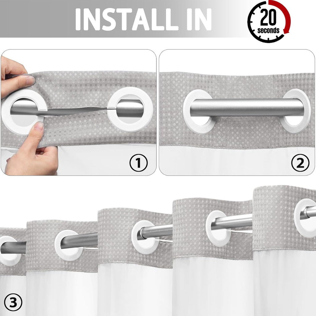AllWays Plaza Waterproof Fabric Snap in Shower Curtain Liner Replacement with 2 Magnets71 W x 55" L for 72" W x 75" L No Hook Shower Curtain - Removable &amp; Detachable to Wash - White