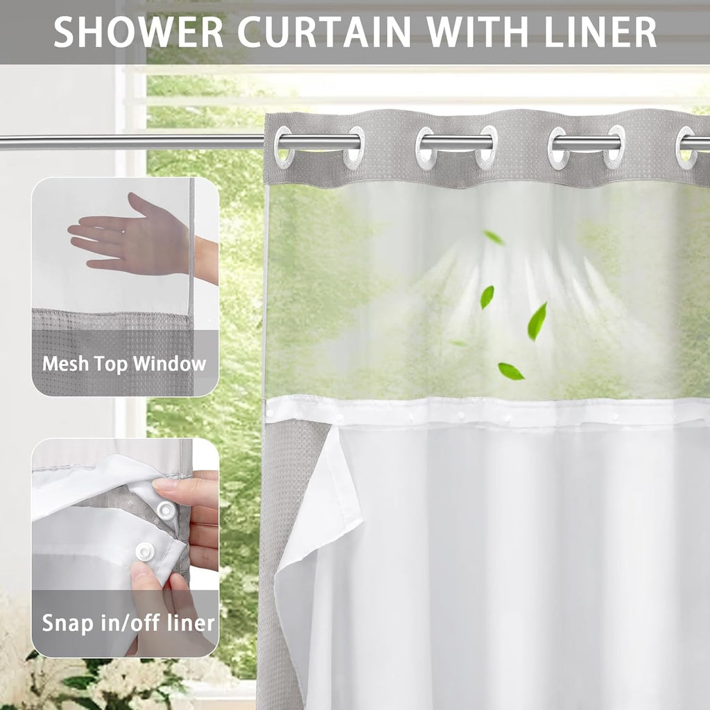 AllWays Plaza Waterproof Fabric Snap in Shower Curtain Liner Replacement with 2 Magnets71 W x 55" L for 72" W x 75" L No Hook Shower Curtain - Removable &amp; Detachable to Wash - White