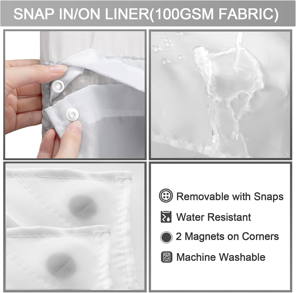 AllWays Plaza Waterproof Fabric Snap in Shower Curtain Liner Replacement with 2 Magnets71 W x 55" L for 72" W x 75" L No Hook Shower Curtain - Removable &amp; Detachable to Wash - White