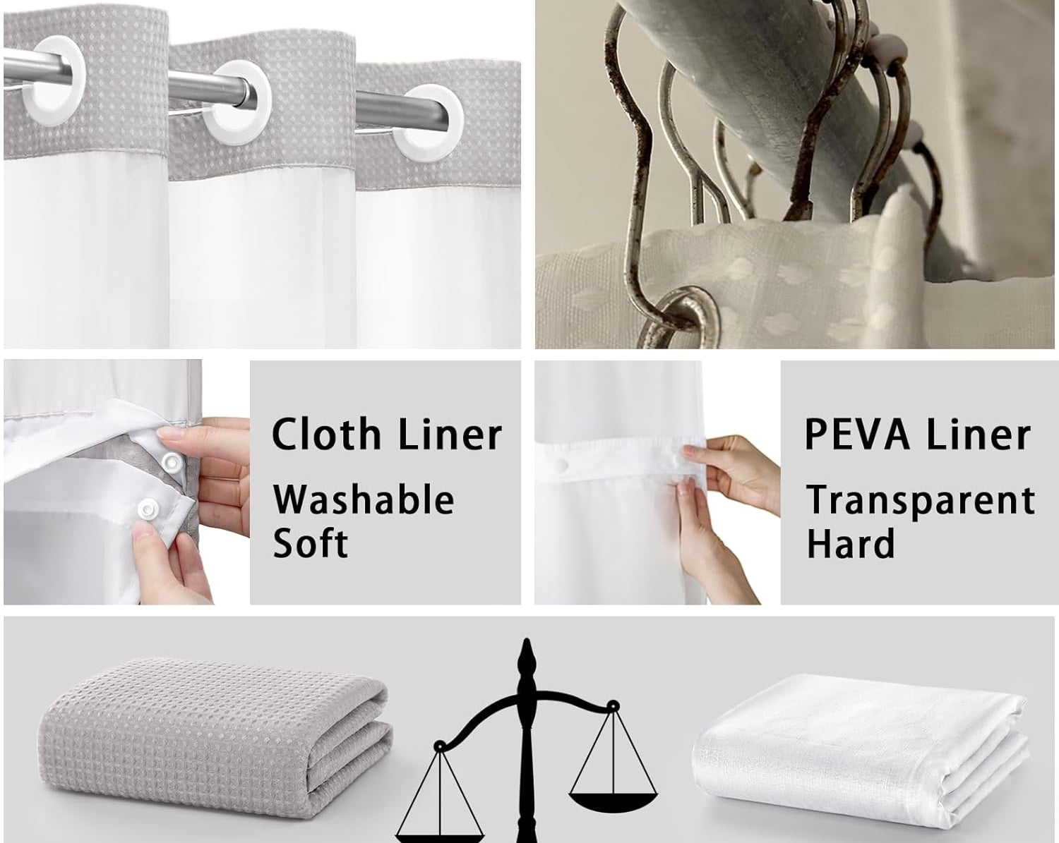 AllWays Plaza Waterproof Fabric Snap in Shower Curtain Liner Replacement with 2 Magnets71 W x 55" L for 72" W x 75" L No Hook Shower Curtain - Removable &amp; Detachable to Wash - White