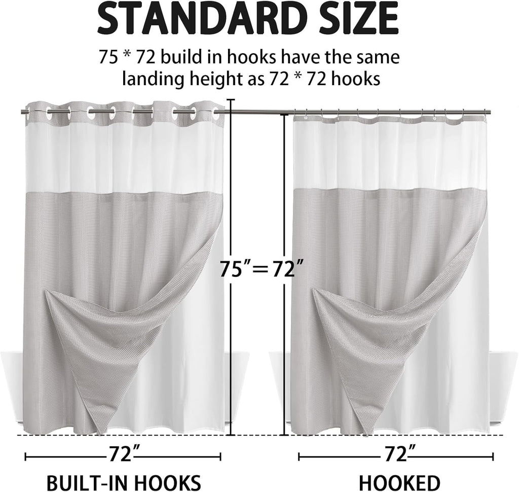 AllWays Plaza Waterproof Fabric Snap in Shower Curtain Liner Replacement with 2 Magnets71 W x 55" L for 72" W x 75" L No Hook Shower Curtain - Removable &amp; Detachable to Wash - White