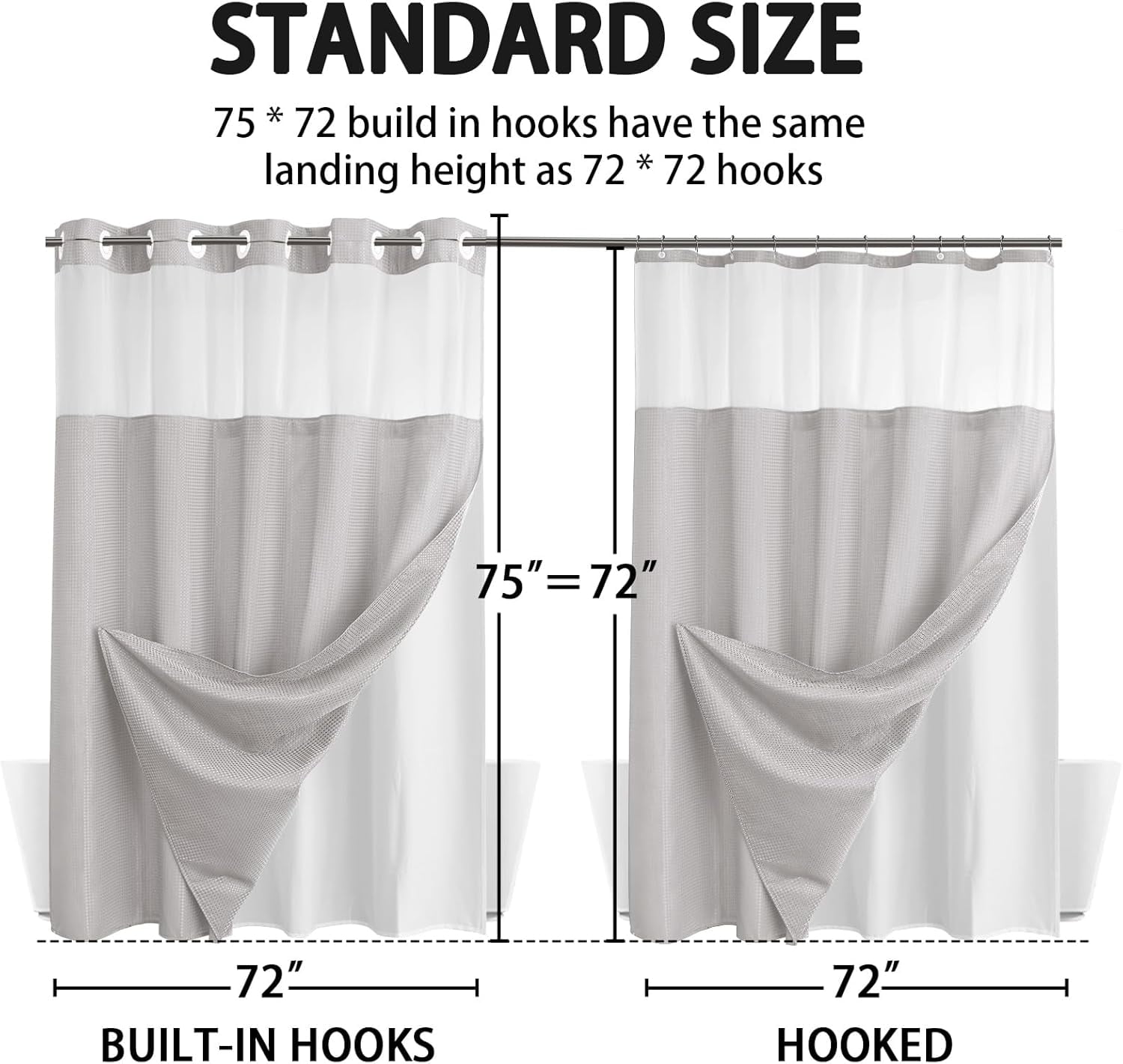 AllWays Plaza Waterproof Fabric Snap in Shower Curtain Liner Replacement with 2 Magnets71 W x 55" L for 72" W x 75" L No Hook Shower Curtain - Removable &amp; Detachable to Wash - White