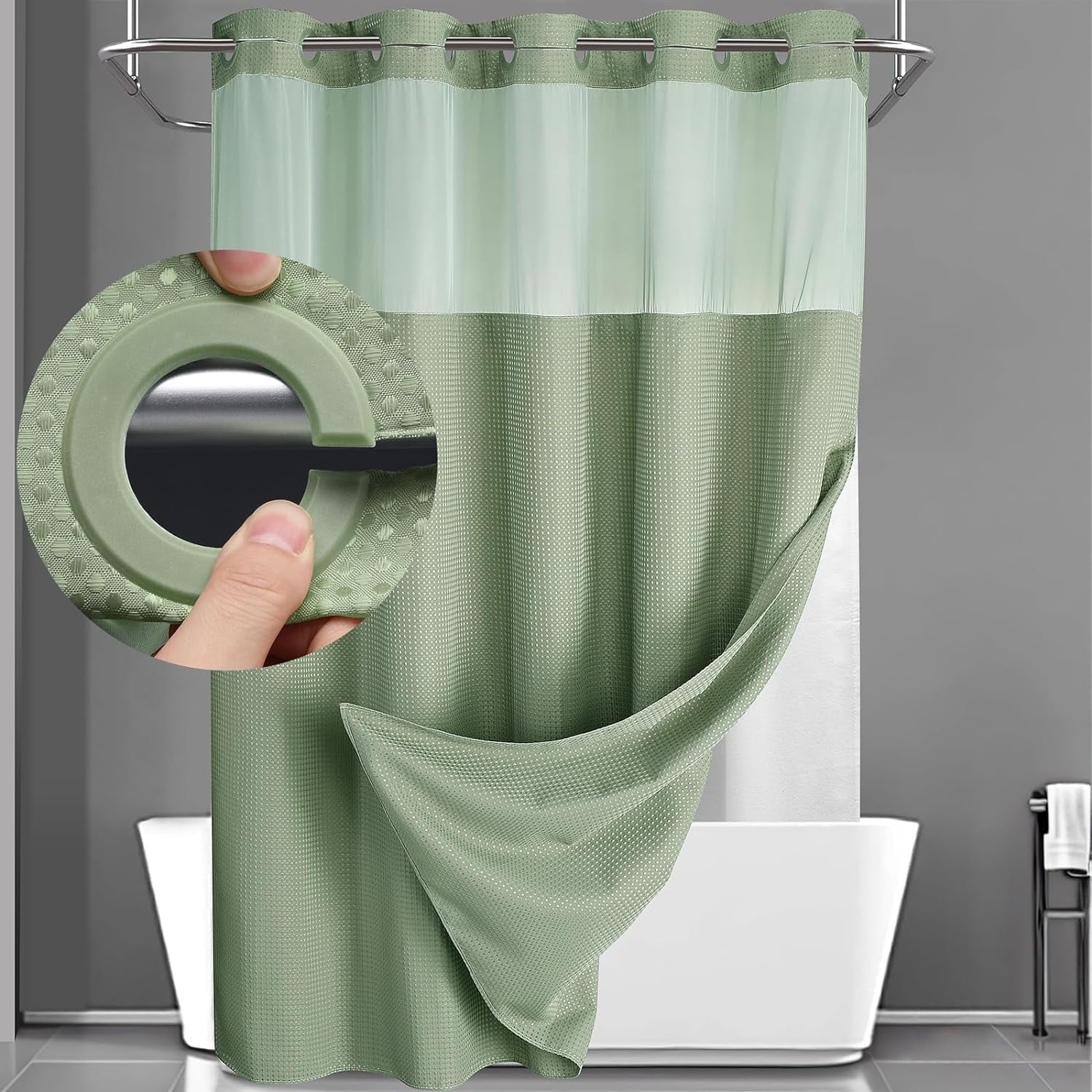 AllWays Plaza Waterproof Fabric Snap in Shower Curtain Liner Replacement with 2 Magnets71 W x 55" L for 72" W x 75" L No Hook Shower Curtain - Removable &amp; Detachable to Wash - White