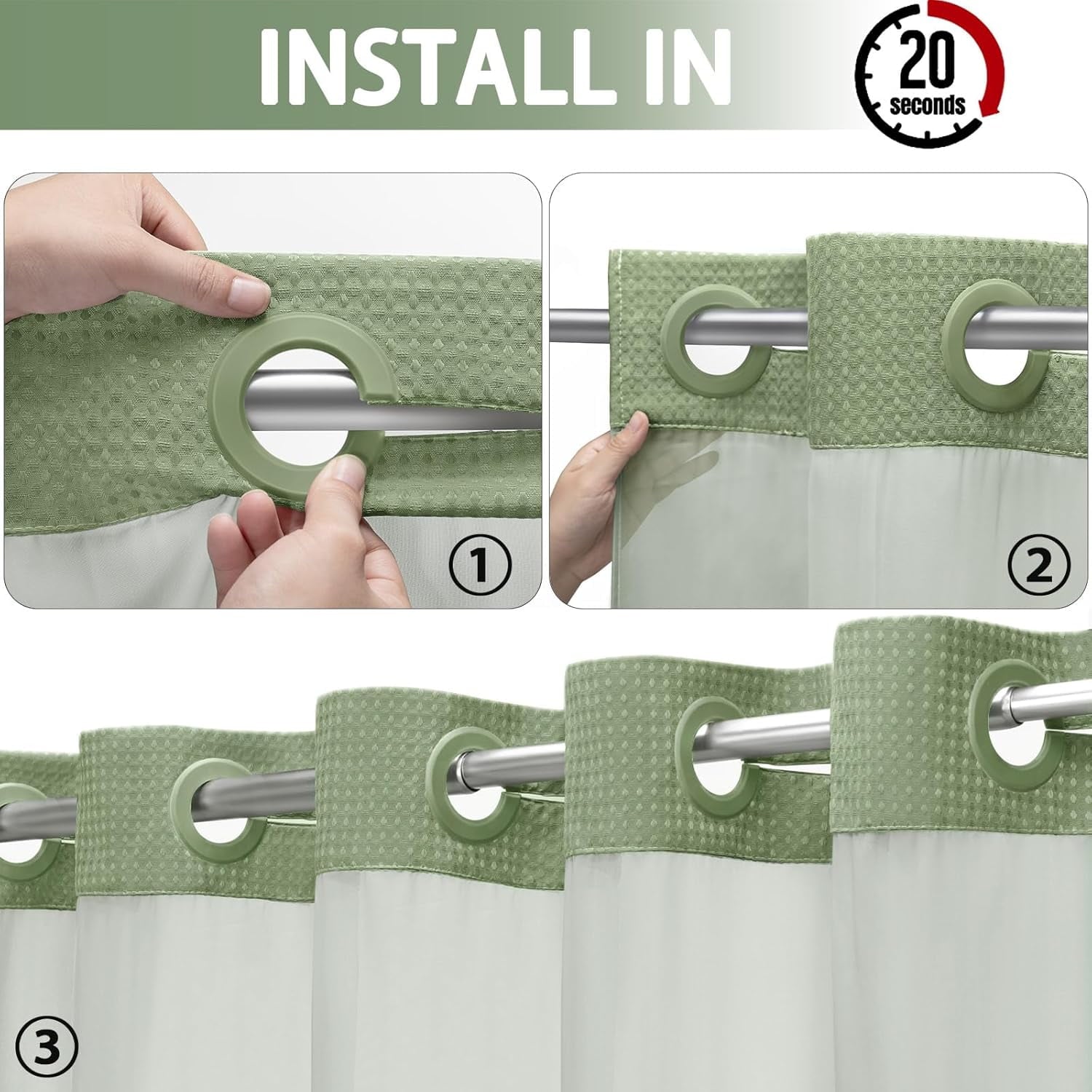 AllWays Plaza Waterproof Fabric Snap in Shower Curtain Liner Replacement with 2 Magnets71 W x 55" L for 72" W x 75" L No Hook Shower Curtain - Removable &amp; Detachable to Wash - White